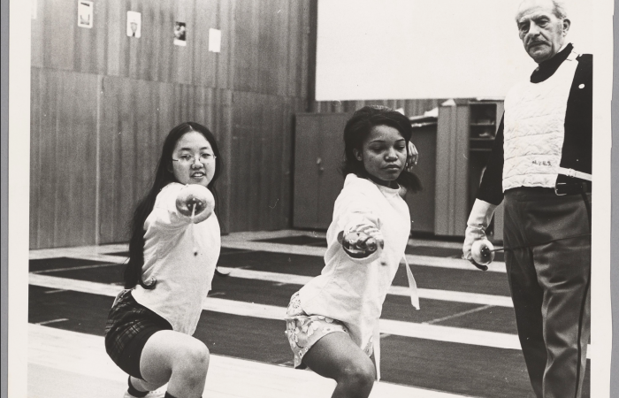 Silvio Napoleon Vitale instructs two student fencers, ca. 1971